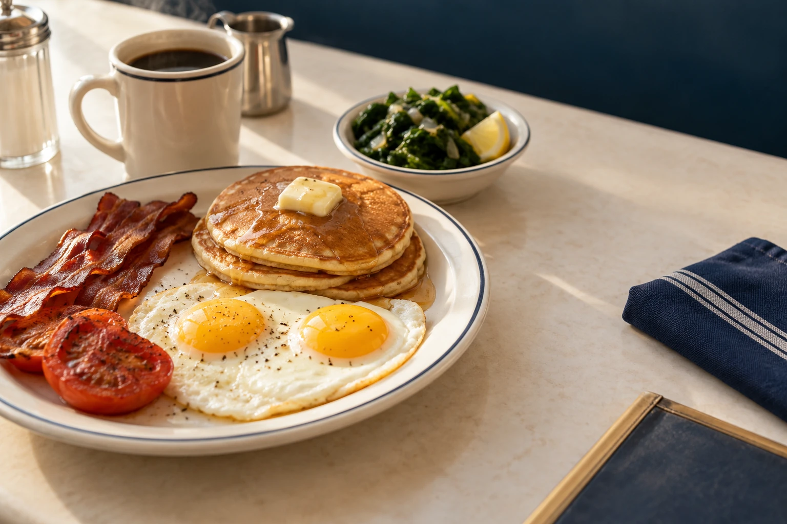 Illustrative diner still life with pancakes, eggs, coffee and greens; not a Neptune Diner menu photograph.
